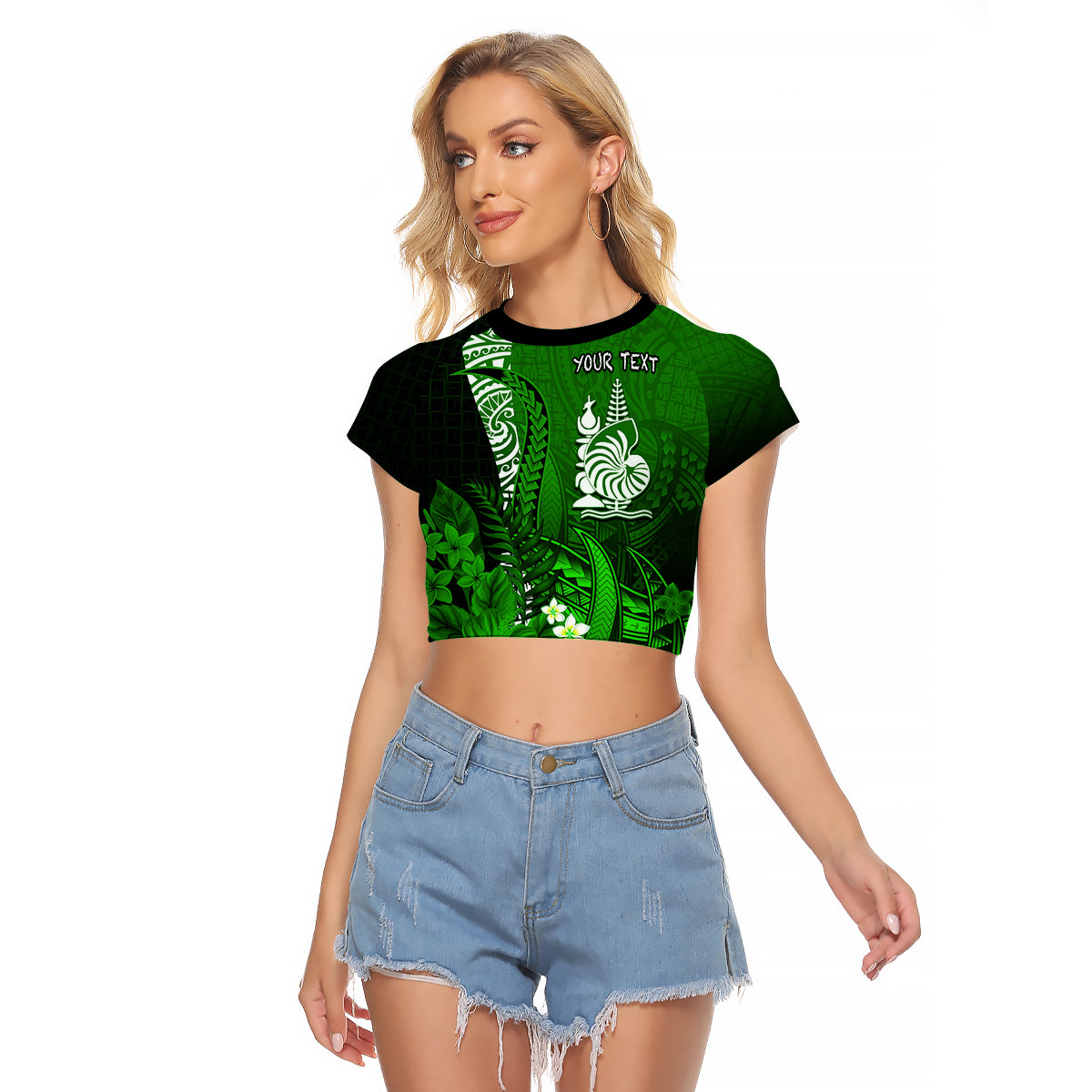 (Custom Personalised) New Caledonia Raglan Cropped T Shirt Nautilus Green Polynesian Hibiscus LT13 Female Green - Polynesian Pride