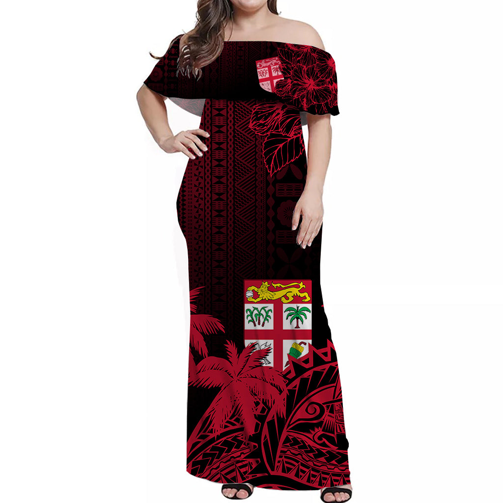 Fiji Tapa On The Waves Off Shoulder Long Dress Red LT7 Long Dress Red - Polynesian Pride