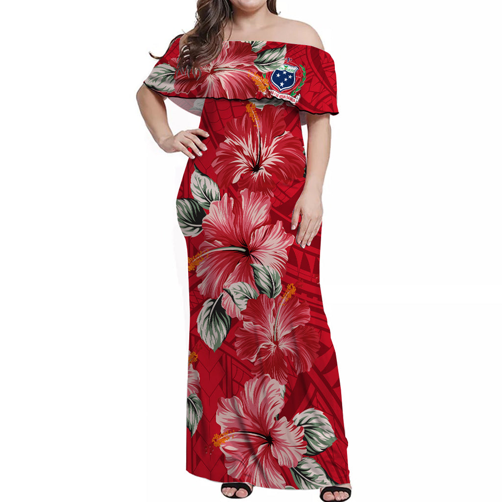 Samoa Off Shoulder Long Dress Hibiscus Unique Style - Red LT7 Long Dress Red - Polynesian Pride