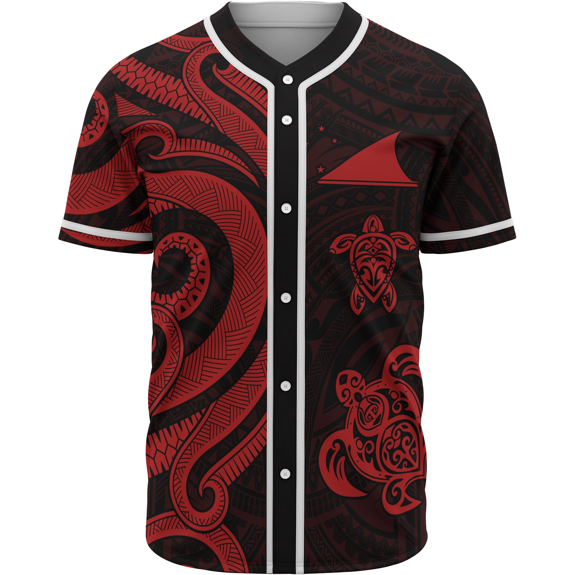 Tokelau Baseball Shirt - Red Tentacle Turtle Unisex Red - Polynesian Pride