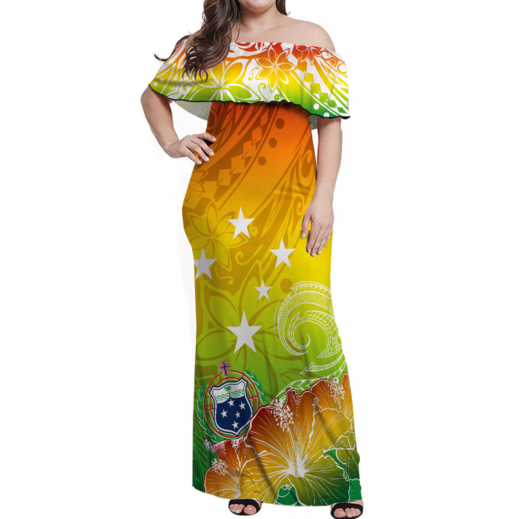 Samoa Off Shoulder Long Dress Hibiscus Ombre Style - Reggae Color LT7 Long Dress Reggae - Polynesian Pride