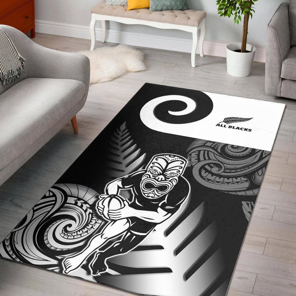 New Zealand Silver Fern Rugby Area Rug All Black Maori Koru LT14 Black - Polynesian Pride