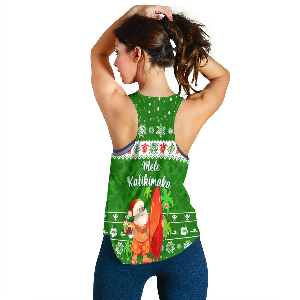Hawaii Christmas Women Racerback Tank Santa Claus Surfing Simple Style - Green LT8 - Polynesian Pride