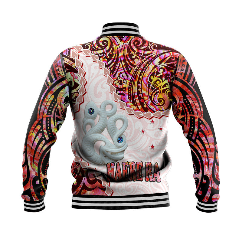 New Zealand Maori Baseball Jacket Aotearoa Manaia Red Paua Shell - Heare Ra LT9 - Polynesian Pride