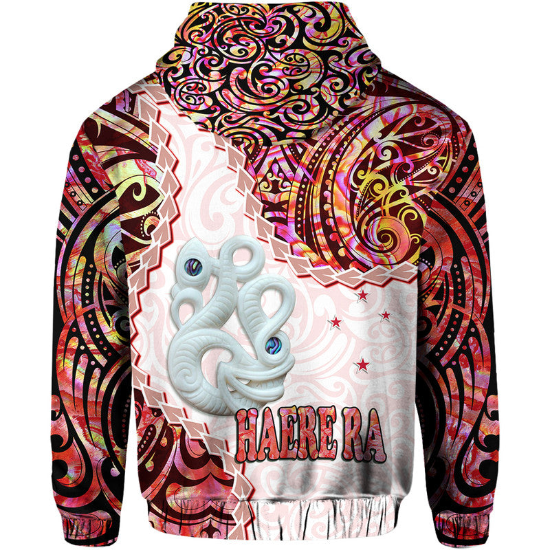 New Zealand Maori Hoodie Aotearoa Manaia Red Paua Shell Heare Ra LT9 - Polynesian Pride