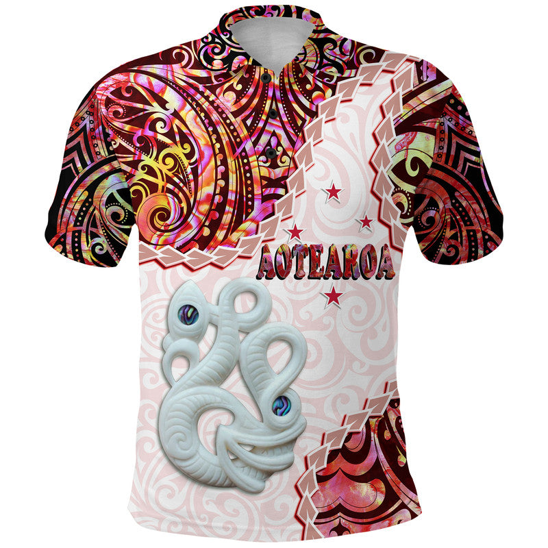 New Zealand Maori Polo Shirt Aotearoa Manaia Red Paua Shell Heare Ra LT9 Adult Red - Polynesian Pride