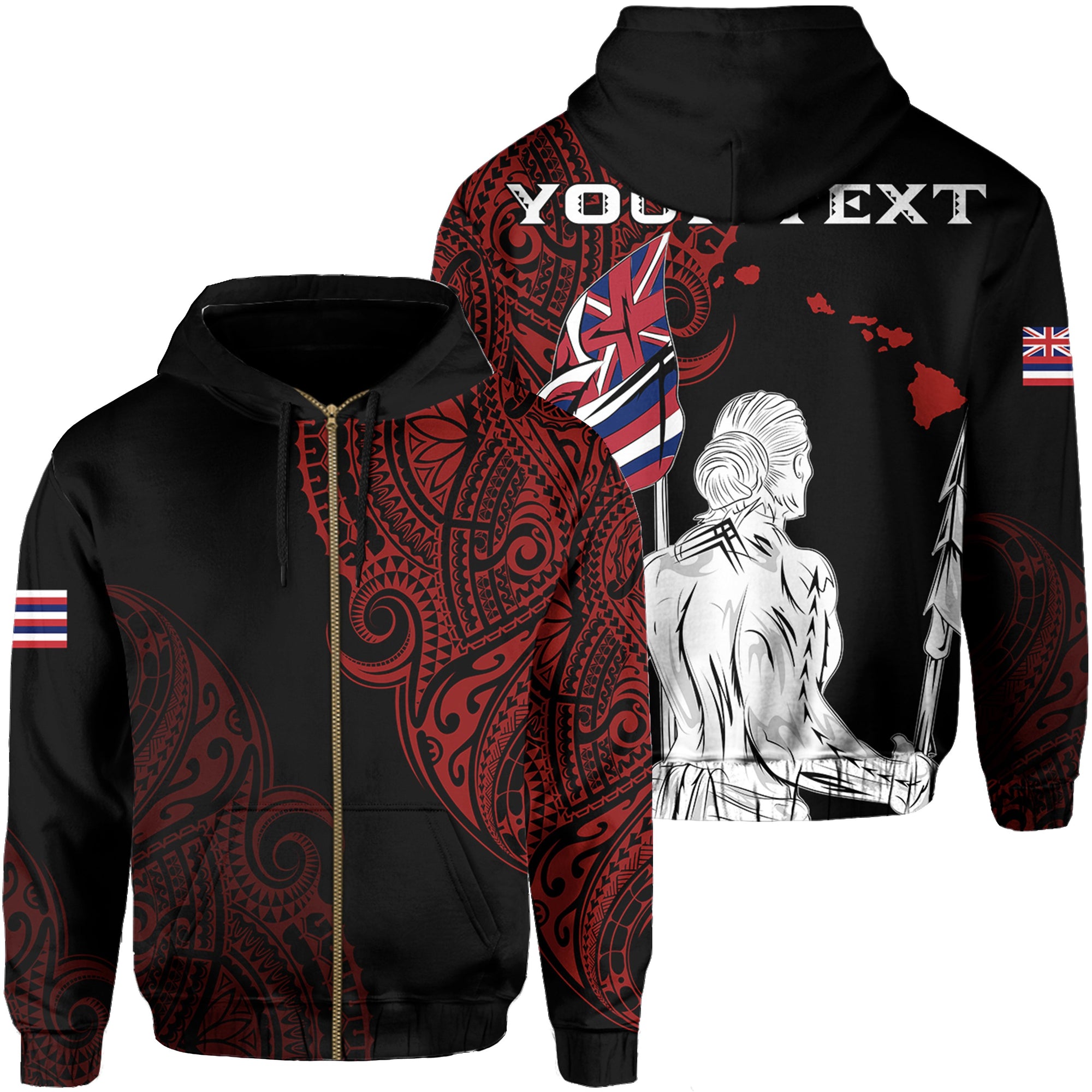 Personalized Hawaii Map Polynesian Warrior Ikaika Hoodie Zip William Style Red Unisex Black - Polynesian Pride
