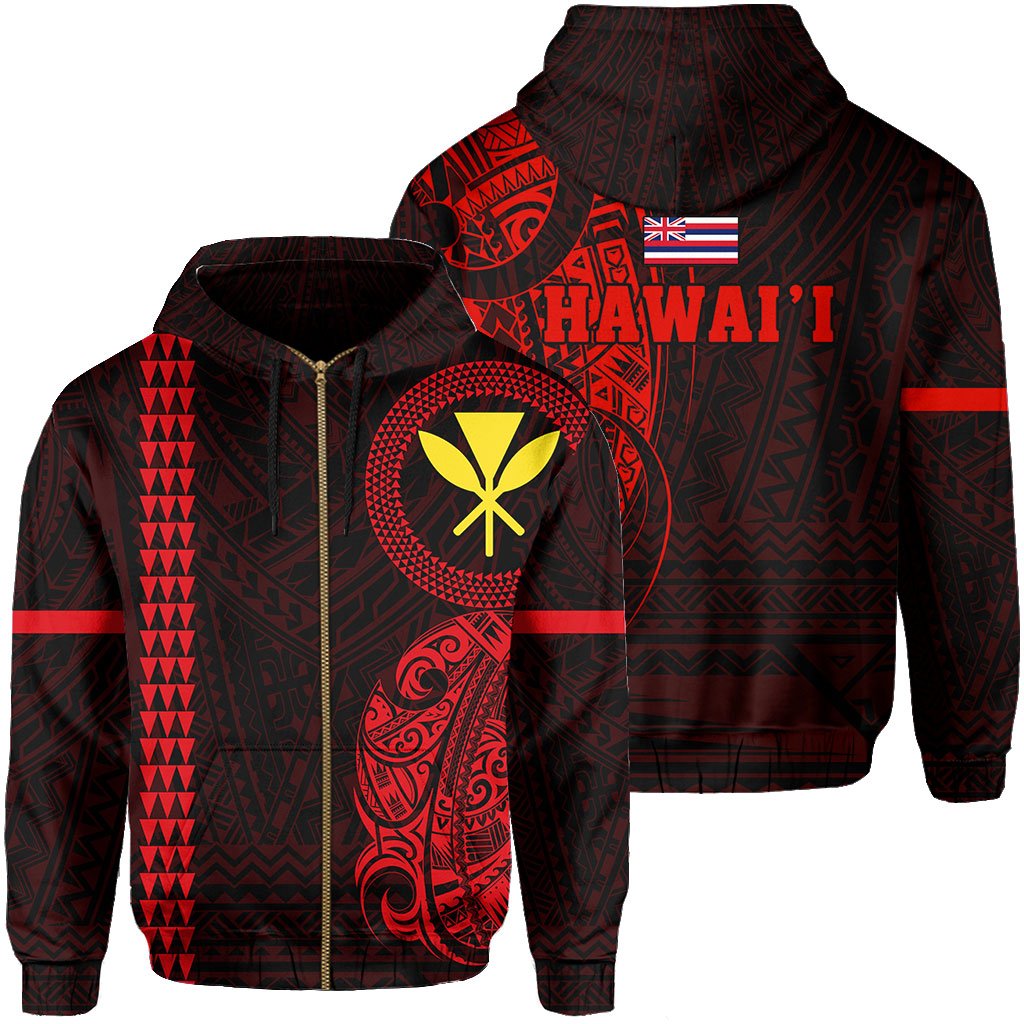 Polynesian Kakau Kanaka Flag of Hawaii Zip Hoodie Red Unisex Red - Polynesian Pride