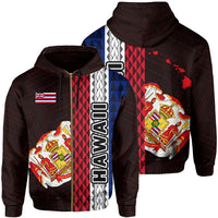 Polynesian Kakau Hawaii Flag Royal Coat of Arms Hawaii Zip Hoodie Red Unisex Red - Polynesian Pride