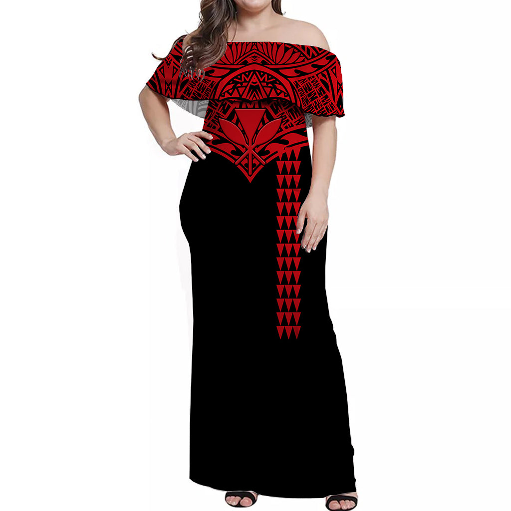 Hawaii Polynesian Tribal Off Shoulder Dress Red - LT12 Long Dress Red - Polynesian Pride