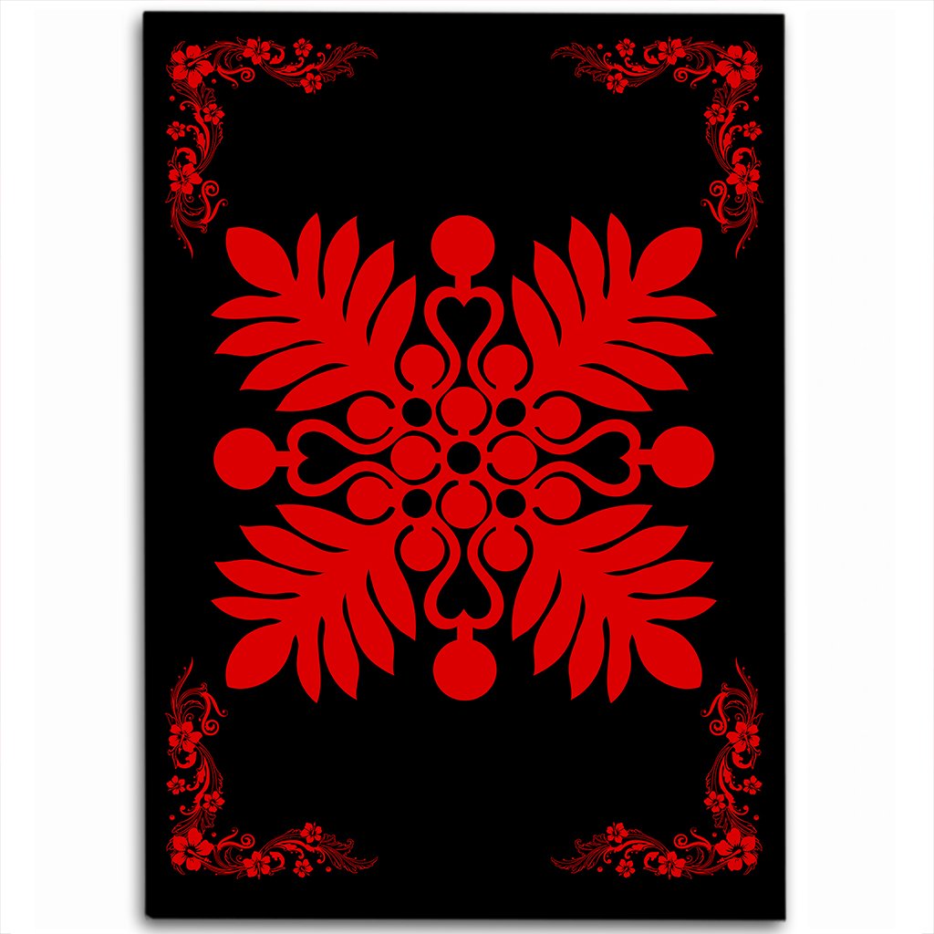 Hawaiian Quilt Maui Plant And Hibiscus Pattern Area Rug - Red Black - AH Red - Polynesian Pride
