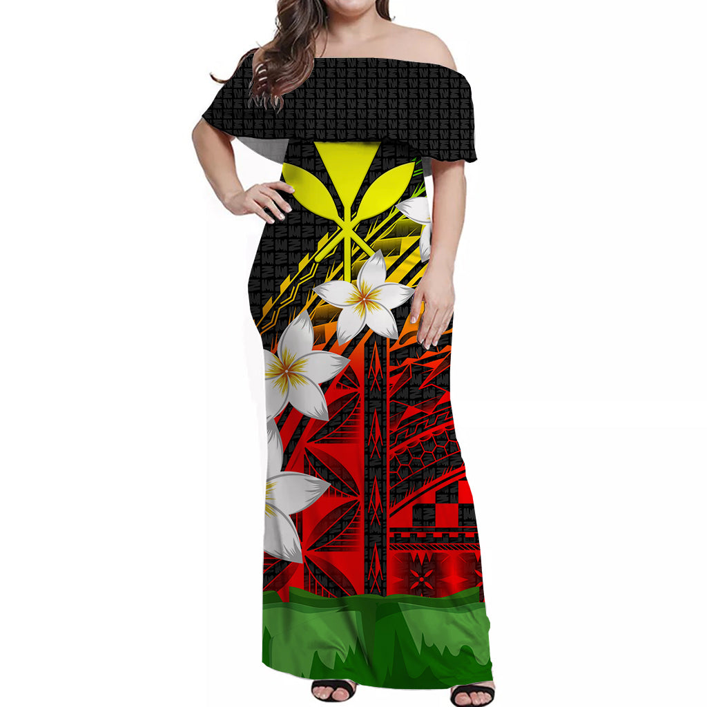 Hawaii Off Shoulder Dress - Banana Leaf With Plumeria Flowers Reggae - LT12 Long Dress Reggae - Polynesian Pride