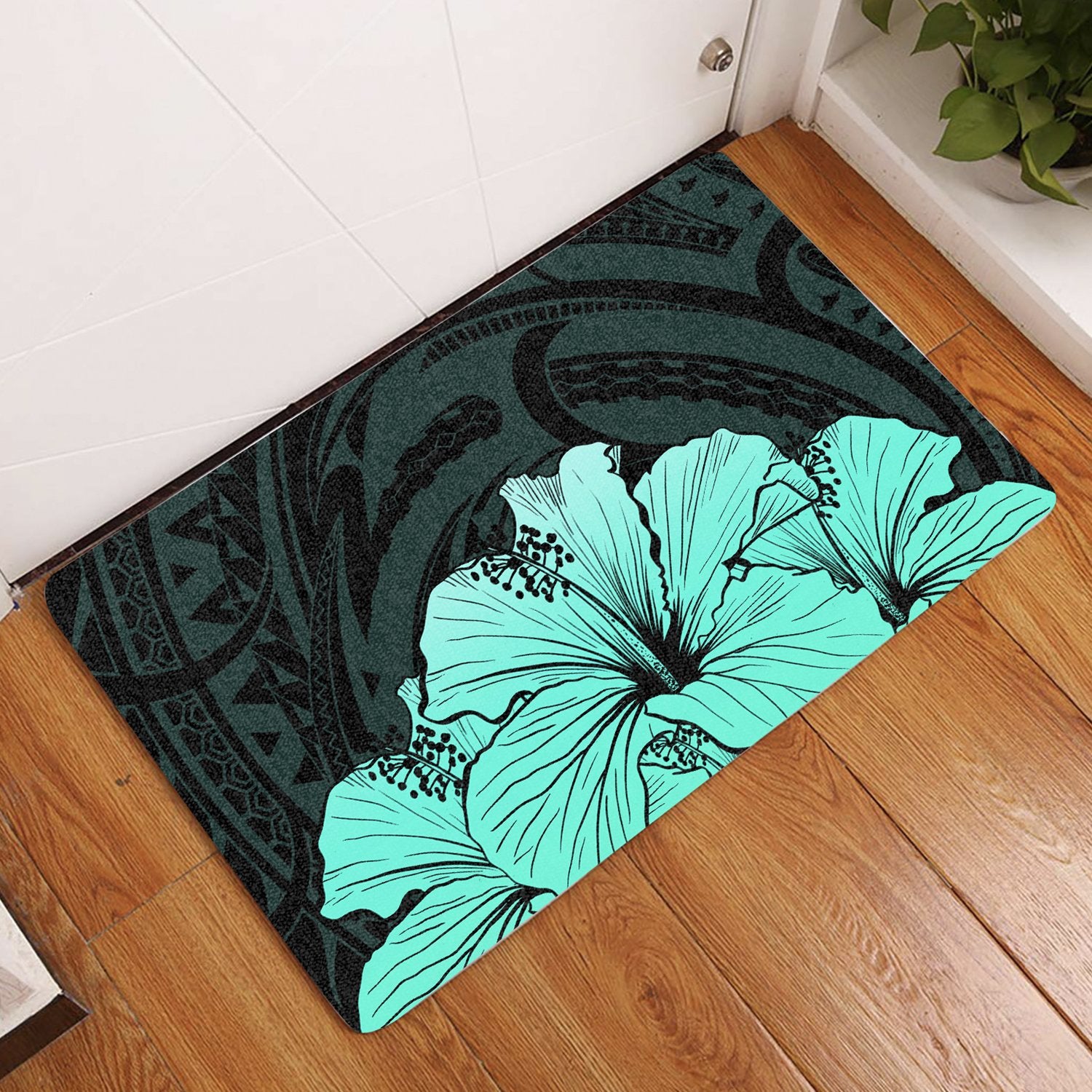 Royal Hibiscus Polynesian Tribal Door Mat Turquoise AH Door Mat Turquoise - Polynesian Pride