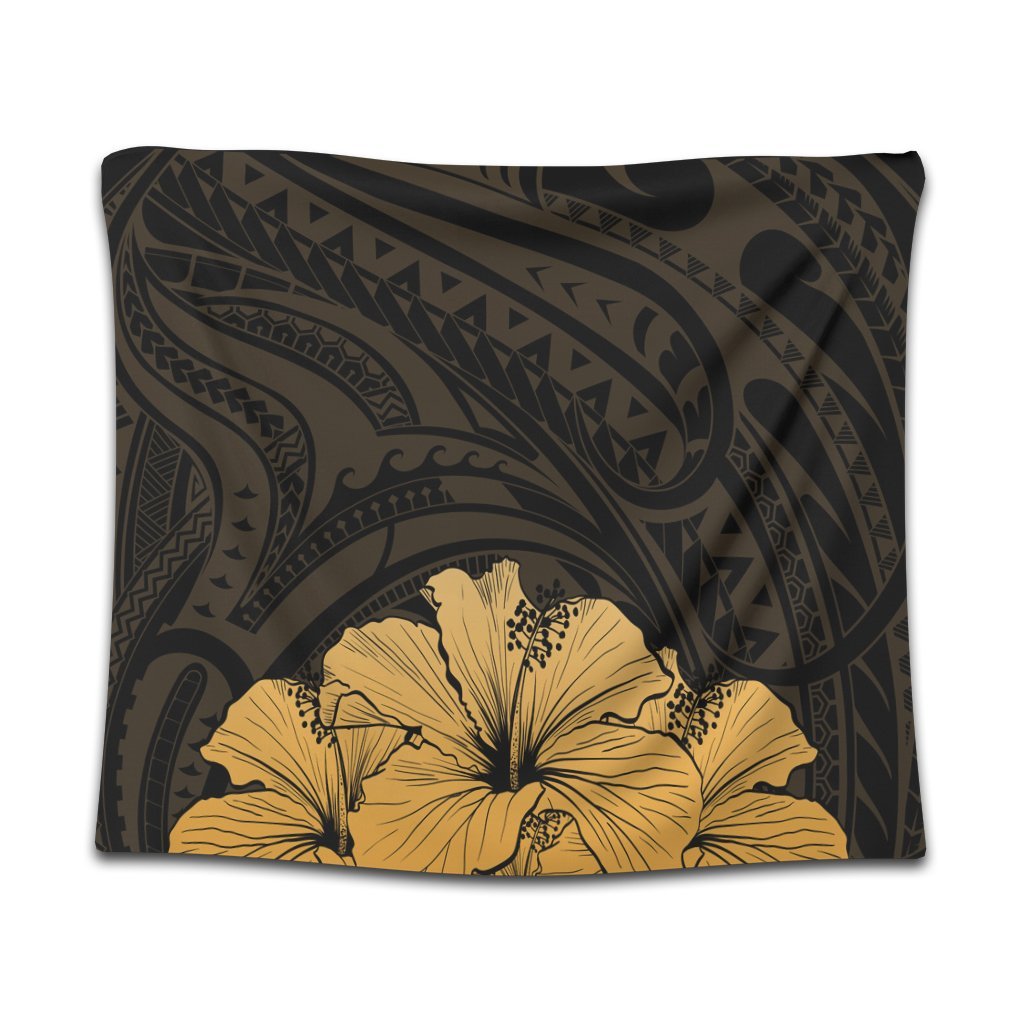 Royal Hibiscus Polynesian Tribal Golden Tapestry - AH Wall Tapestry Black - Polynesian Pride
