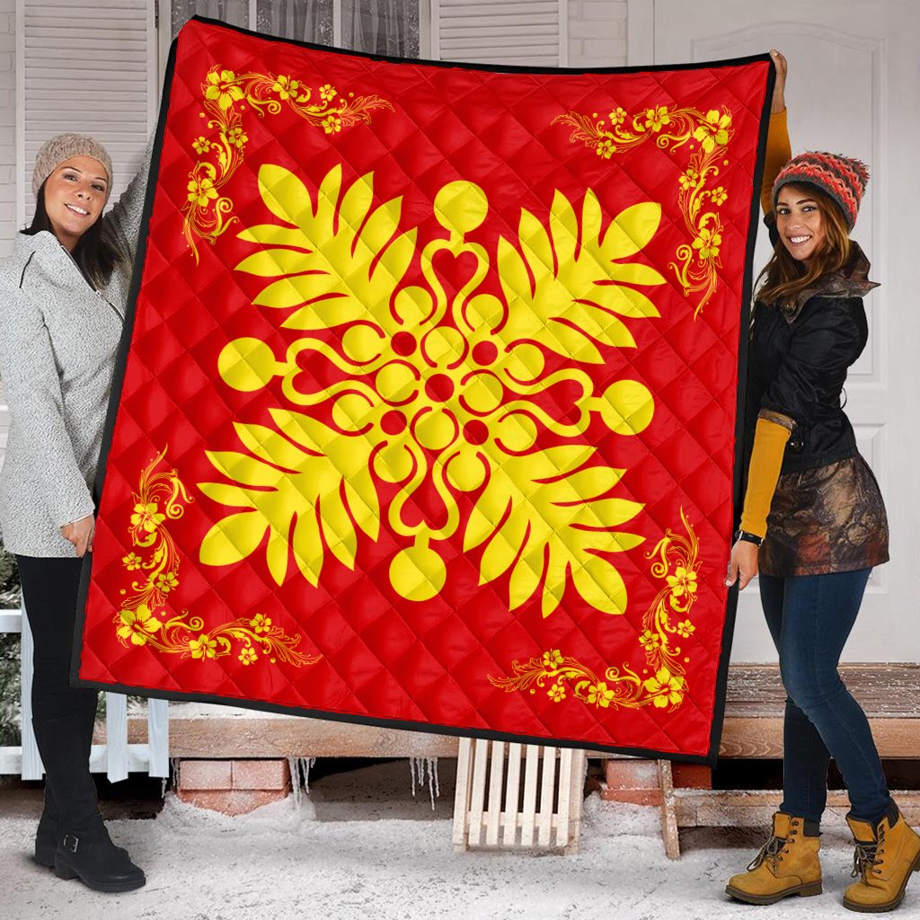 Hawaiian Quilt Maui Plant And Hibiscus Premium Quilt - Royal - AH - Polynesian Pride
