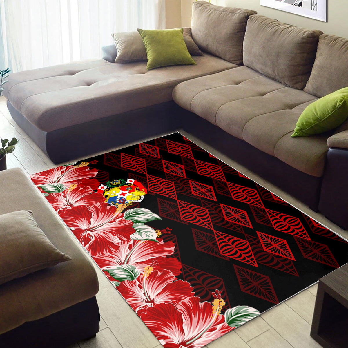 Tonga Rug Diamond Style Mix Hibiscus - Black LT7 - Polynesian Pride