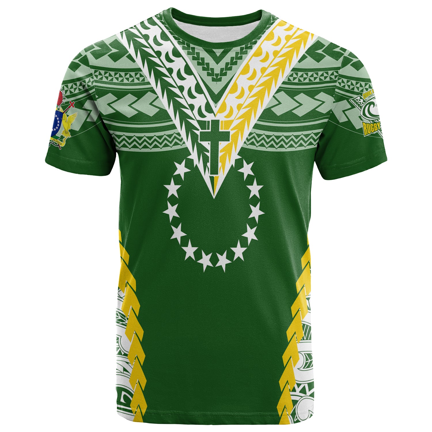 Custom Cook Islands Rugby Medallion of Stars T Shirt LT7 Green - Polynesian Pride