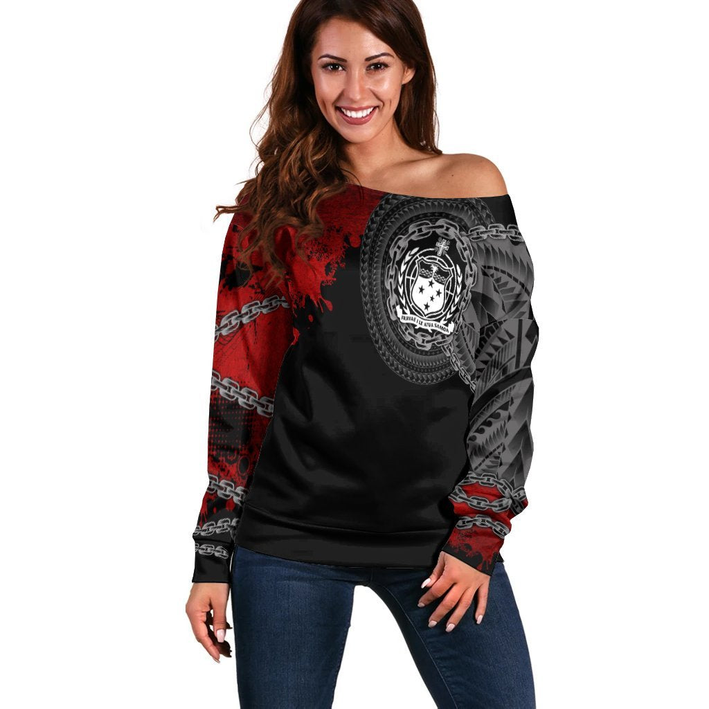 Samoa Polynesian Women's Off Shoulder Sweater - Polynesian Chain Style Black - Polynesian Pride