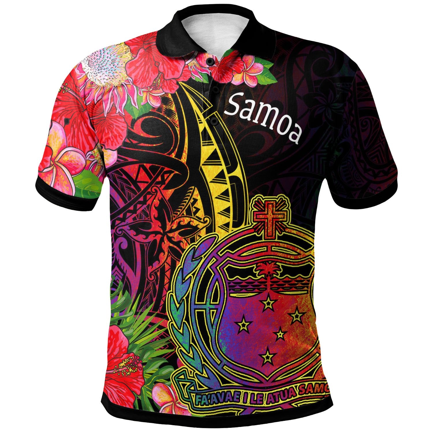 Samoa Polo Shirt Tropical Hippie Style Unisex Black - Polynesian Pride