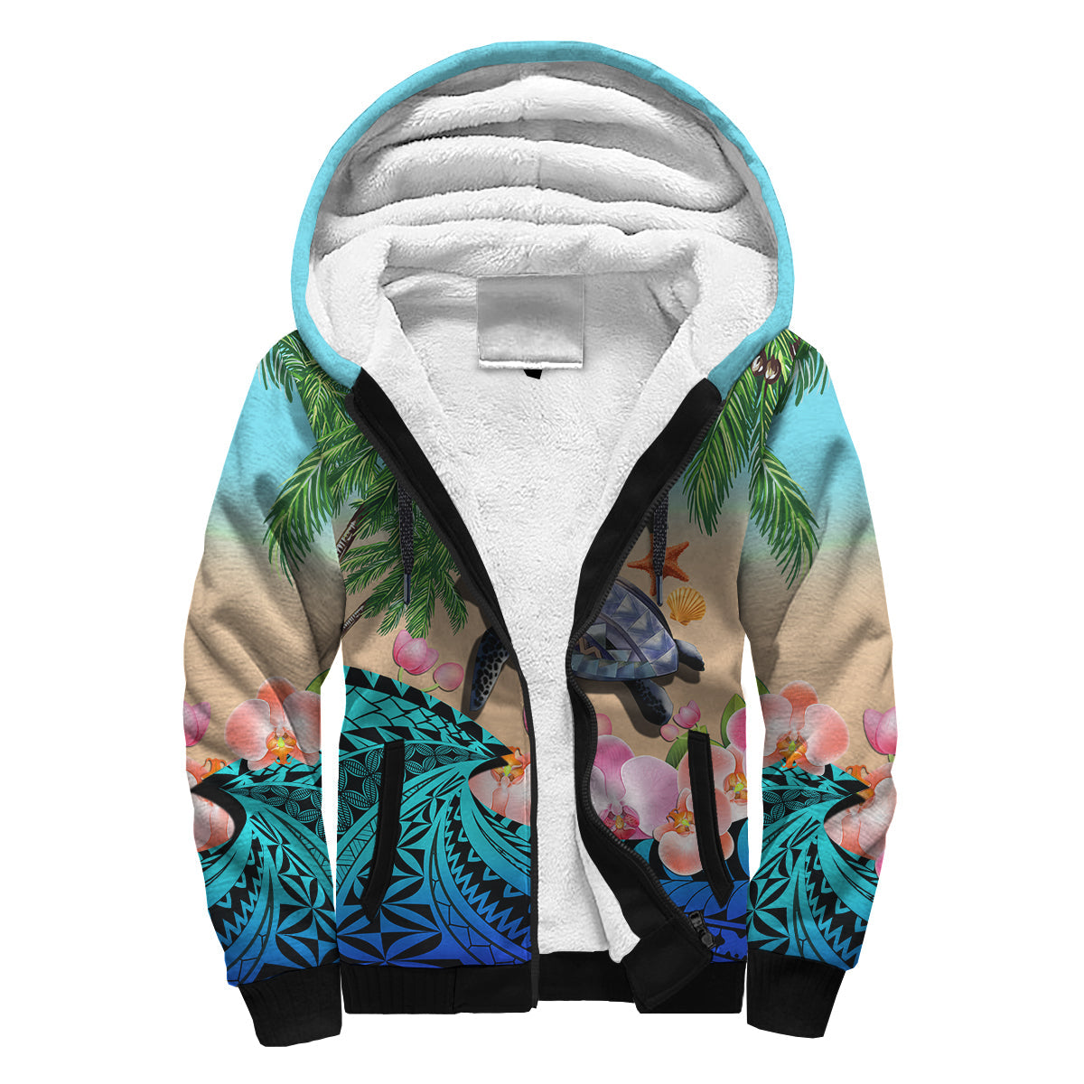 Polynesian Turtle Coconut Tree And Orchids Sherpa Hoodie LT14 Unisex Blue - Polynesian Pride
