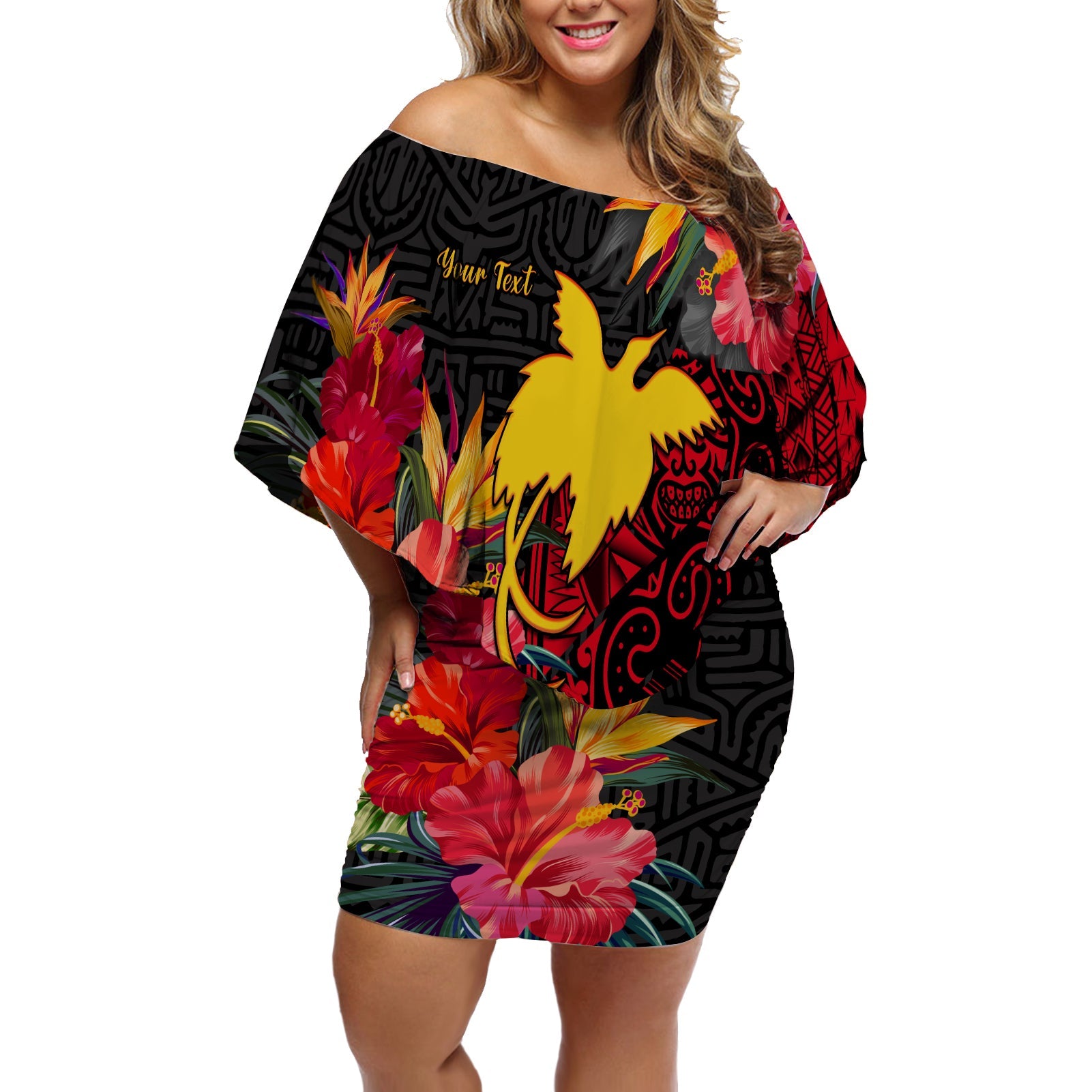 (Custom Personalised) Papua New Guinea Off Shoulder Short Dress Bird of Paradise Ver.02 LT13 Women Black - Polynesian Pride
