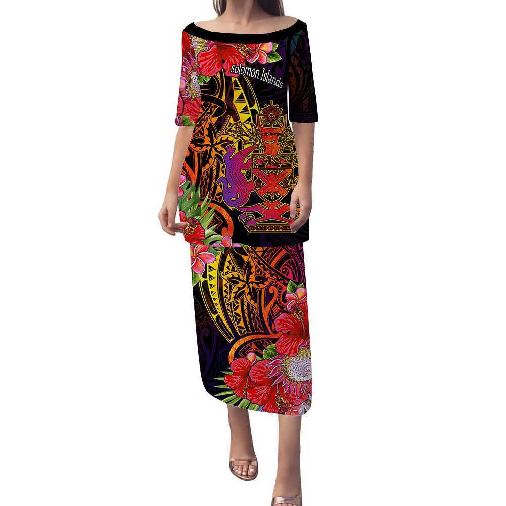 Solomon Islands Puletasi Dress Tropical Hippie Style LT14 Black - Polynesian Pride
