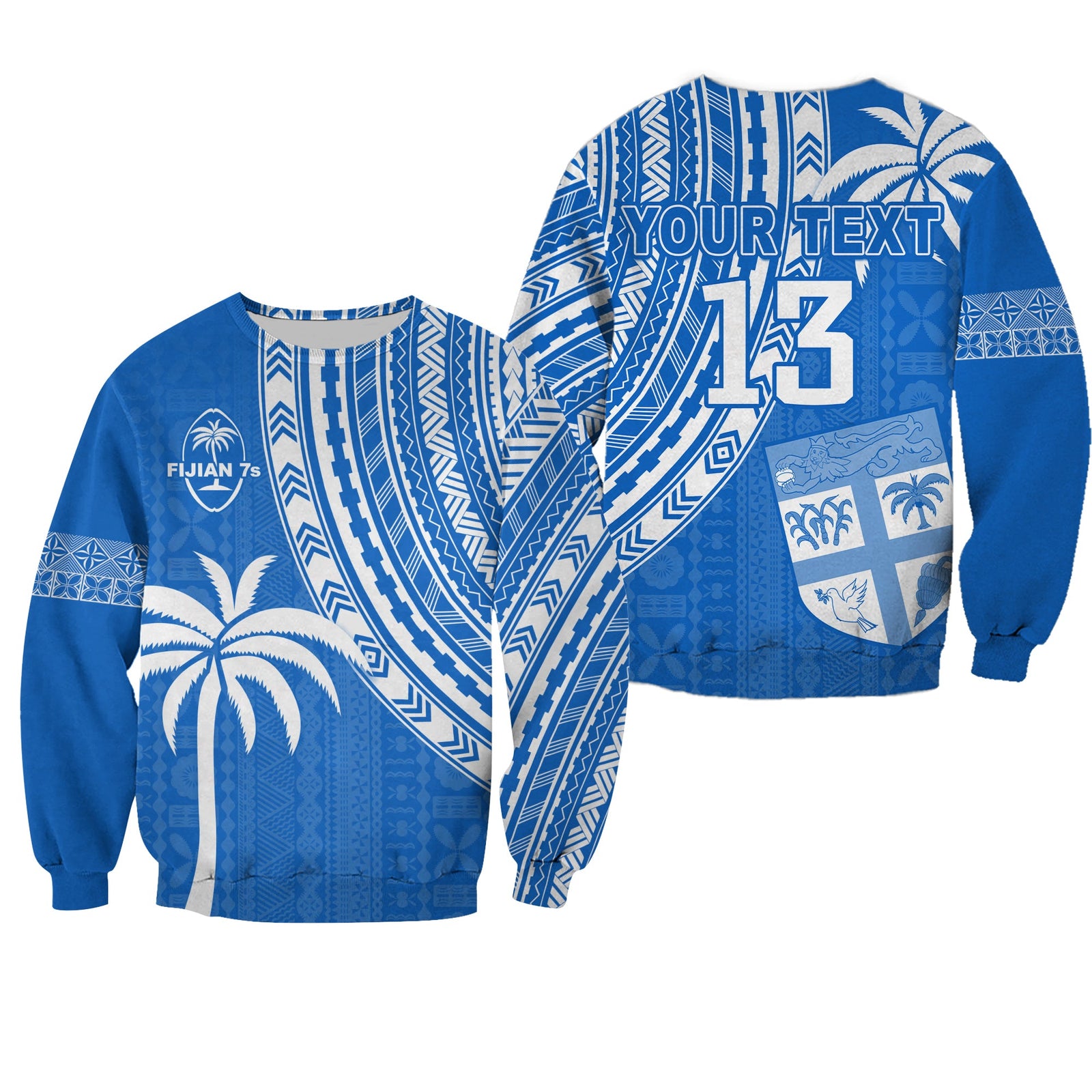 (Custom Text and Number) Fiji Rugby Sevens Sweatshirt Fijian 7s Tapa Polynesian Blue Ver.01 LT13 Unisex Blue - Polynesian Pride