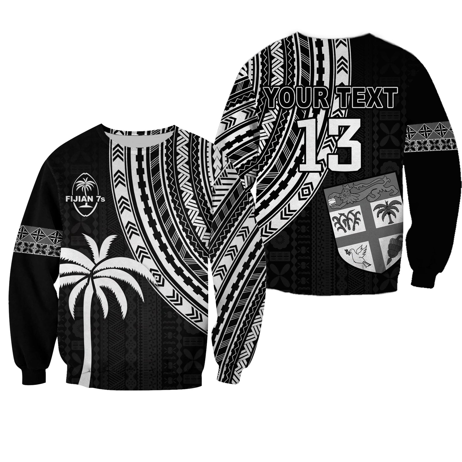 (Custom Text and Number) Fiji Rugby Sevens Sweatshirt Fijian 7s Tapa Polynesian LT13 Unisex Black - Polynesian Pride
