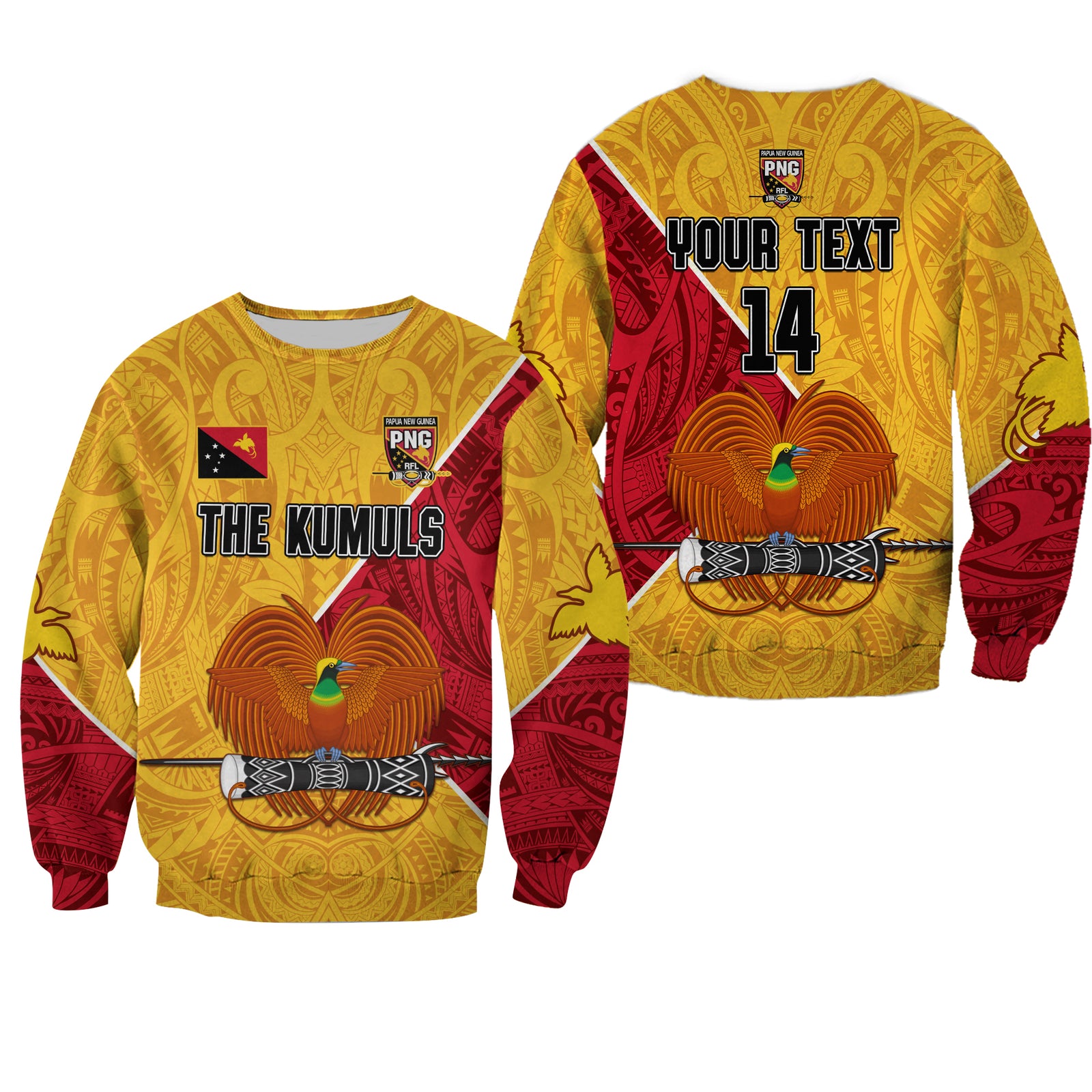 (Custom Text and Number) The Kumuls PNG Sweatshirt Papua New Guinea Polynesian Dynamic Style LT14 Unisex Yellow - Polynesian Pride
