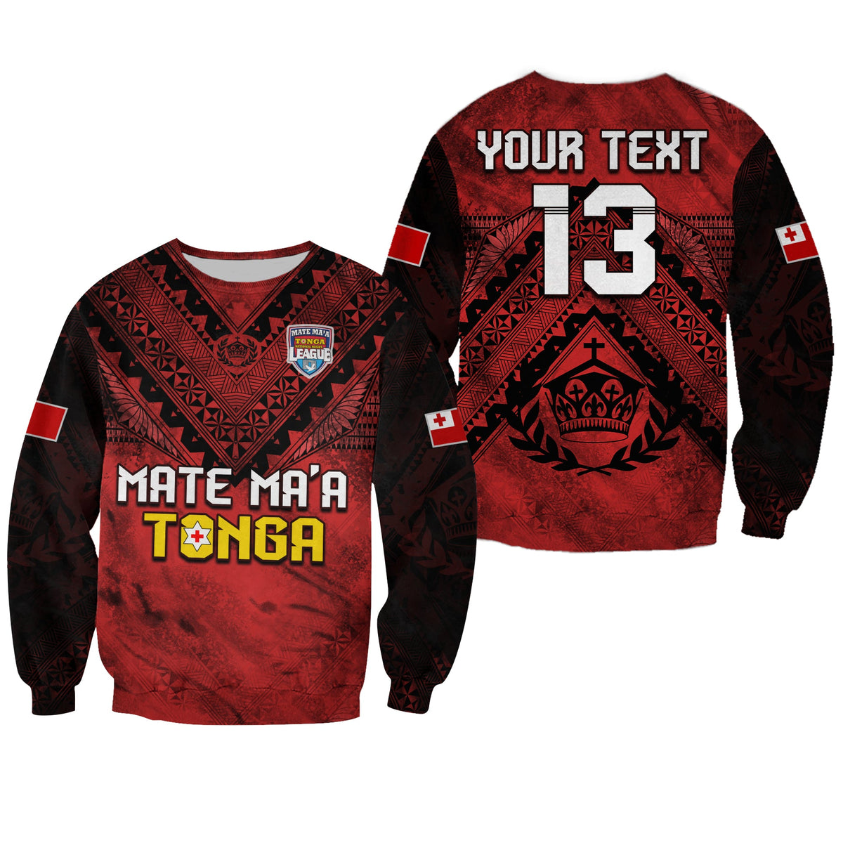 (Custom Text and Number) Tonga Rugby MMT Sweatshirt Ngatu Mate Maa Tonga Grunge LT13 Unisex Red - Polynesian Pride