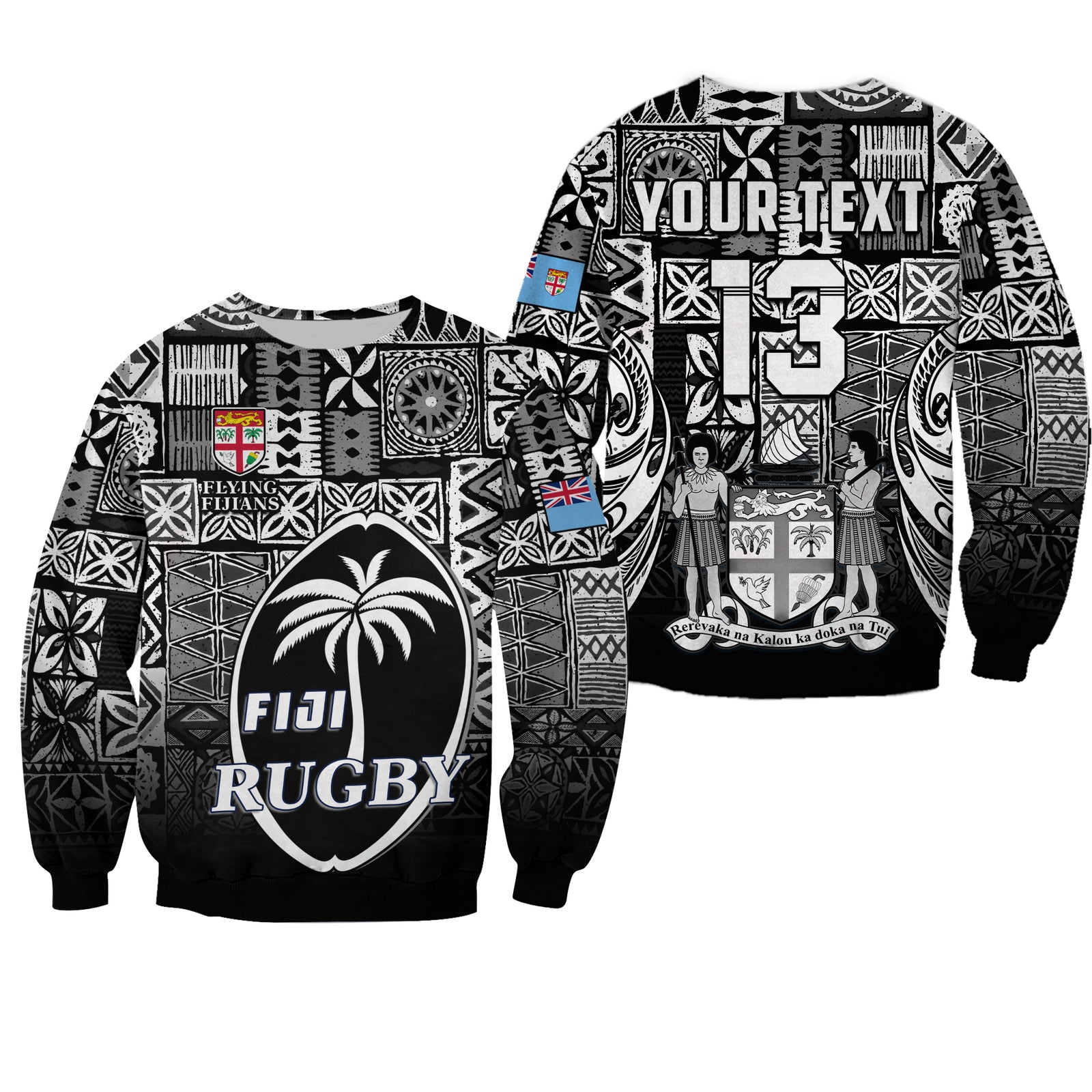 (Custom Text and Number) Fiji Rugby Sweatshirt Flying Fijians Black Tapa Pattern LT13 Unisex Black - Polynesian Pride