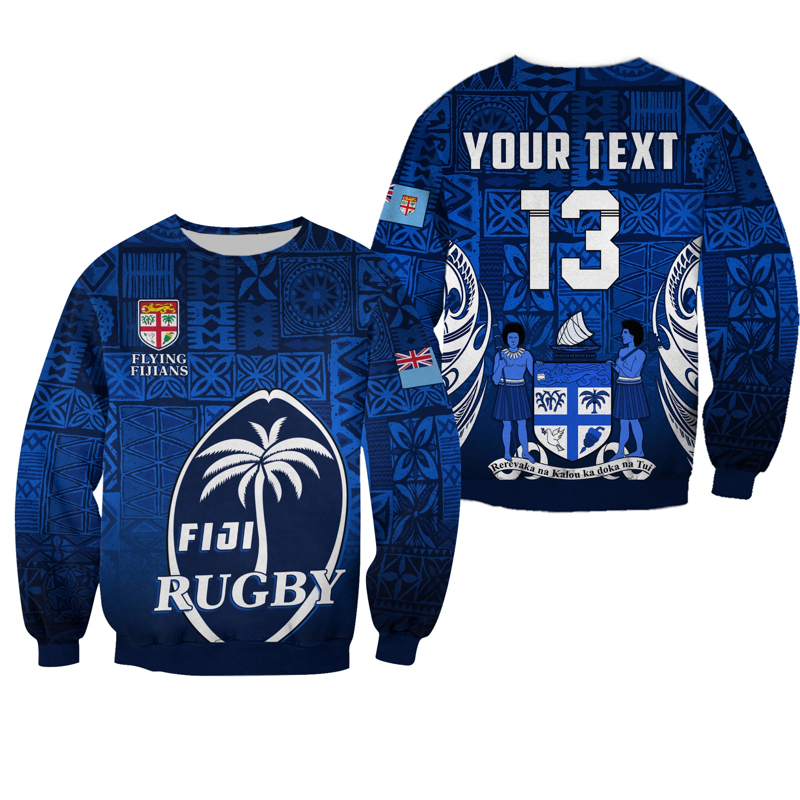 (Custom Text and Number) Fiji Rugby Sweatshirt Flying Fijians Blue Tapa Pattern LT13 Unisex Blue - Polynesian Pride