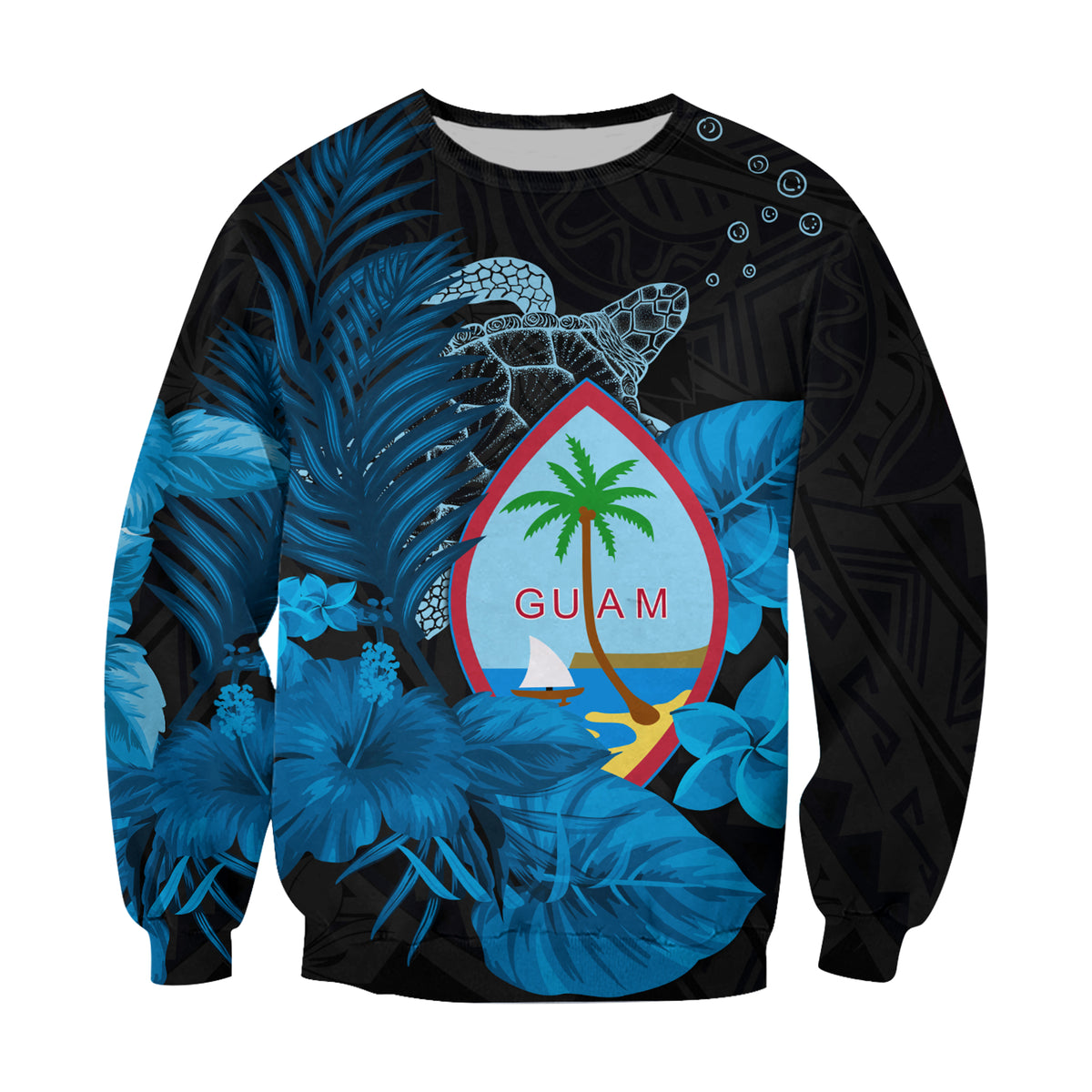Guam Seal Sweatshirt Polynesian Turtle with Flowers Version Blue LT13 - Polynesian Pride