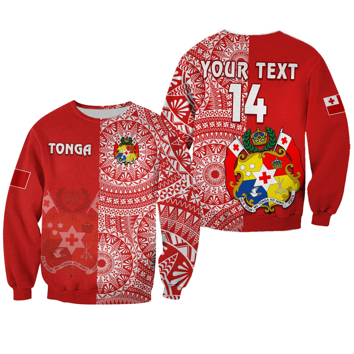 (Custom Text And Number) Tonga Sweatshirt Tongan Coat Of Arms Ngatu Pattern LT14 Unisex Red - Polynesian Pride