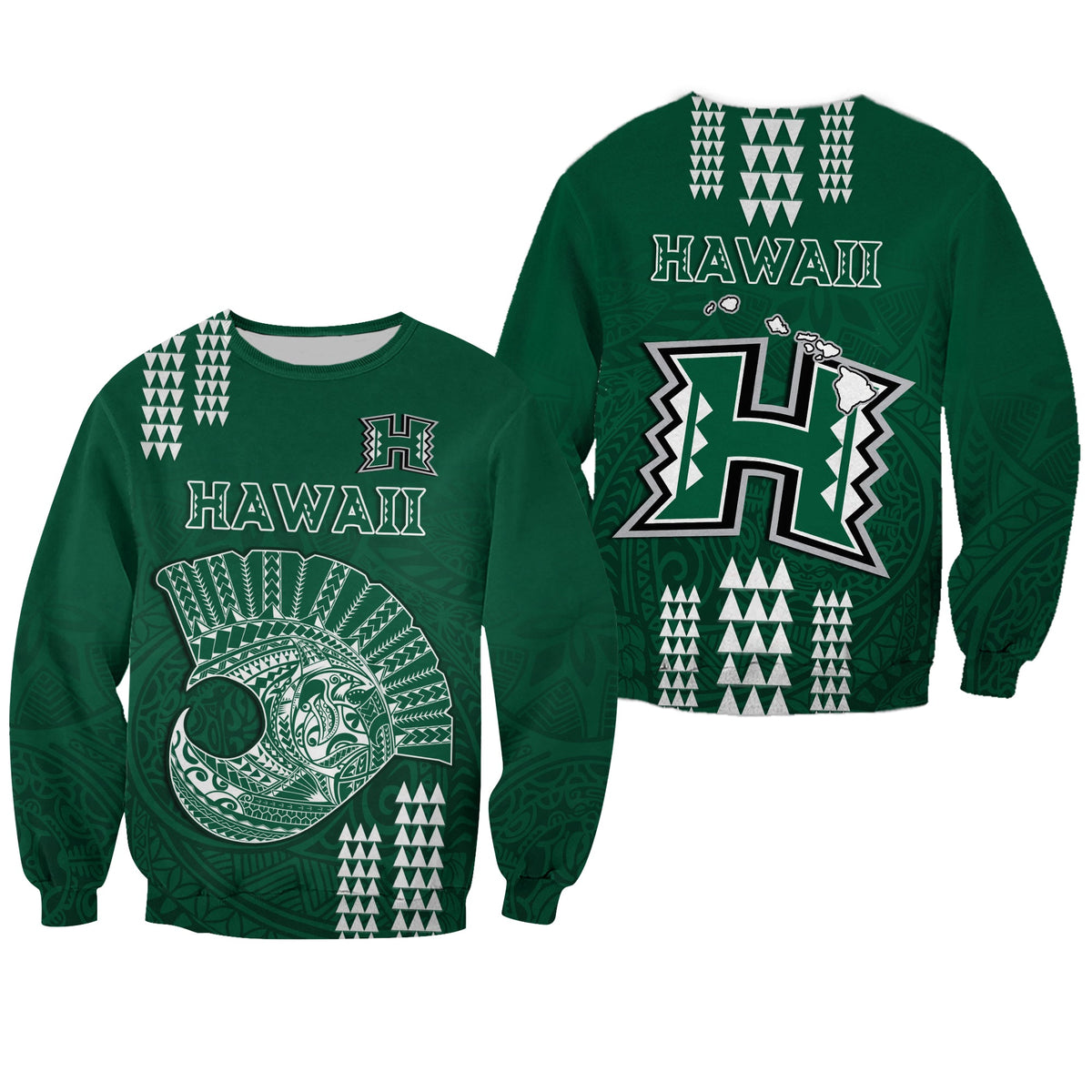 Hawaii Football Sweatshirt Kakau Rainbow Warriors Helmet LT14 Unisex Green - Polynesian Pride