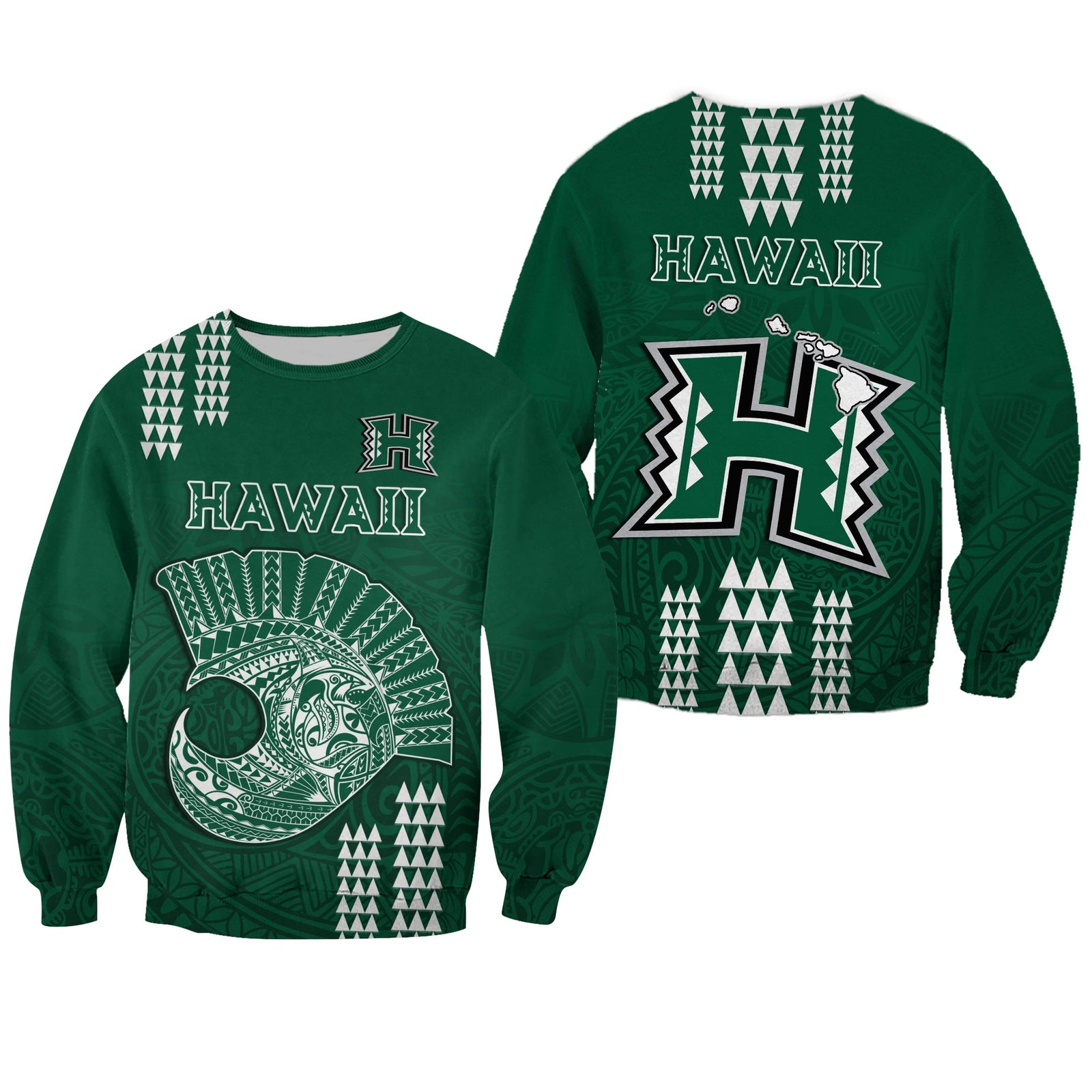 Hawaii Football Sweatshirt Kakau Rainbow Warriors Helmet LT14 Unisex Green - Polynesian Pride
