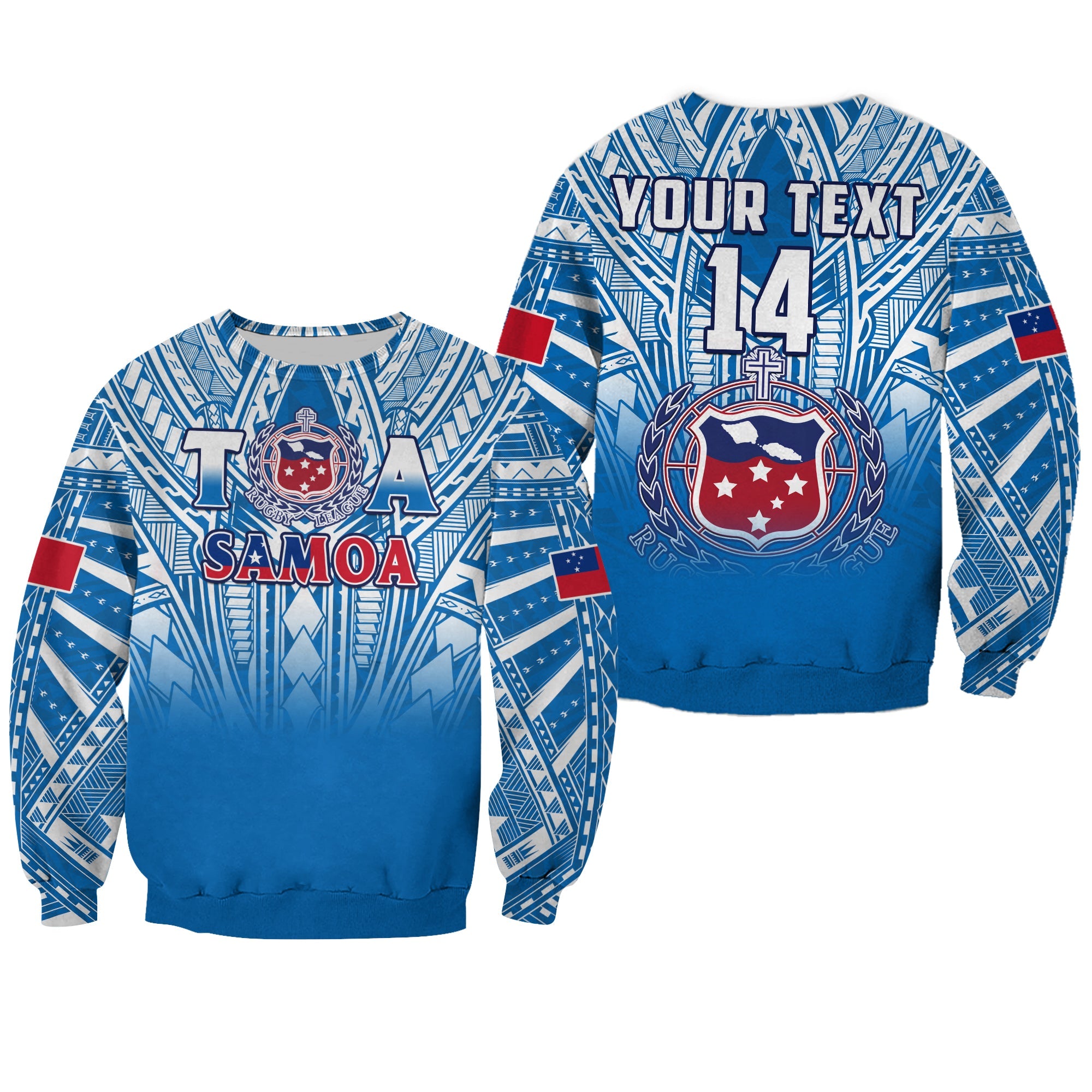 (Custom Text And Number) Samoa Rugby Sweatshirt Personalise Toa Samoa Polynesian Pacific Blue Version LT14 Unisex Blue - Polynesian Pride