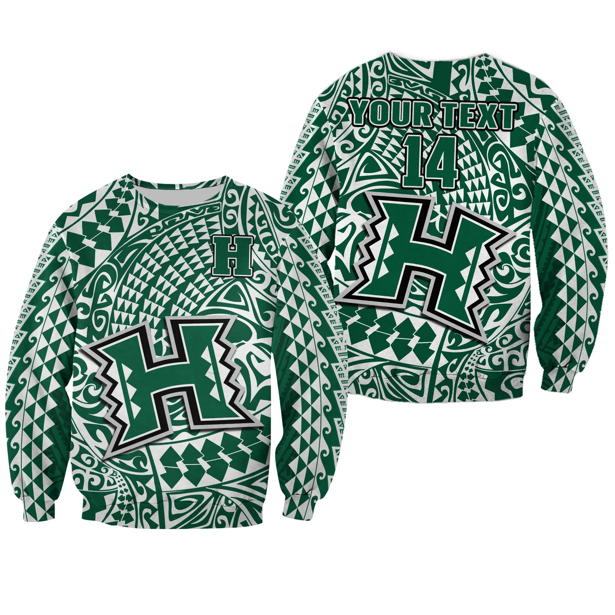 (Custom Text And Number) Hawaii Football Sweatshirt Rainbow Warriors Tribal Kakau LT14 Unisex Green - Polynesian Pride