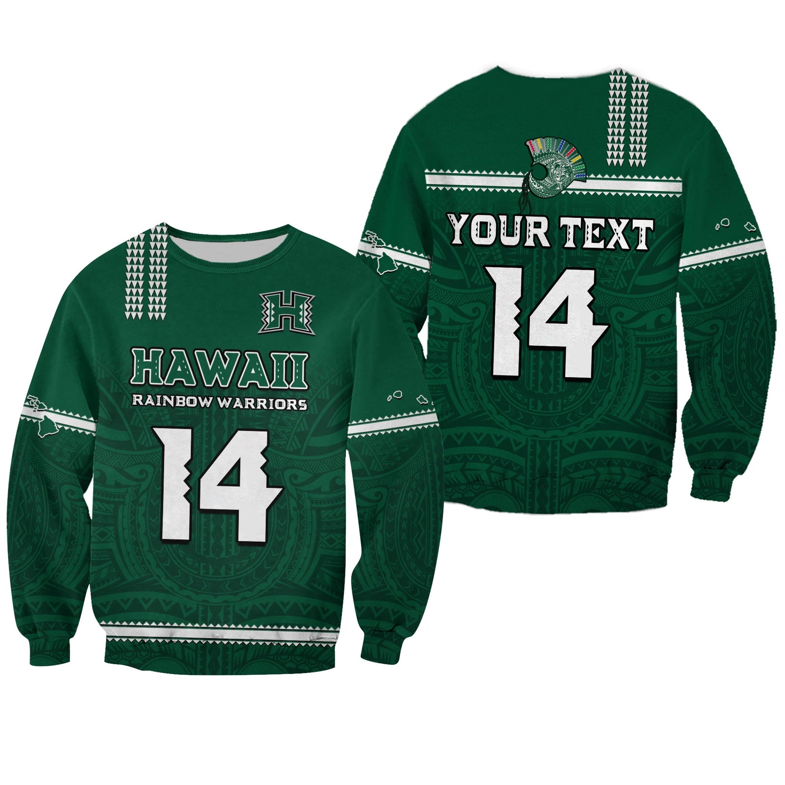 (Custom Text And Number) Hawaii Football Sweatshirt Kakau Rainbow Warriors Helmet Go Bows LT14 Unisex Green - Polynesian Pride