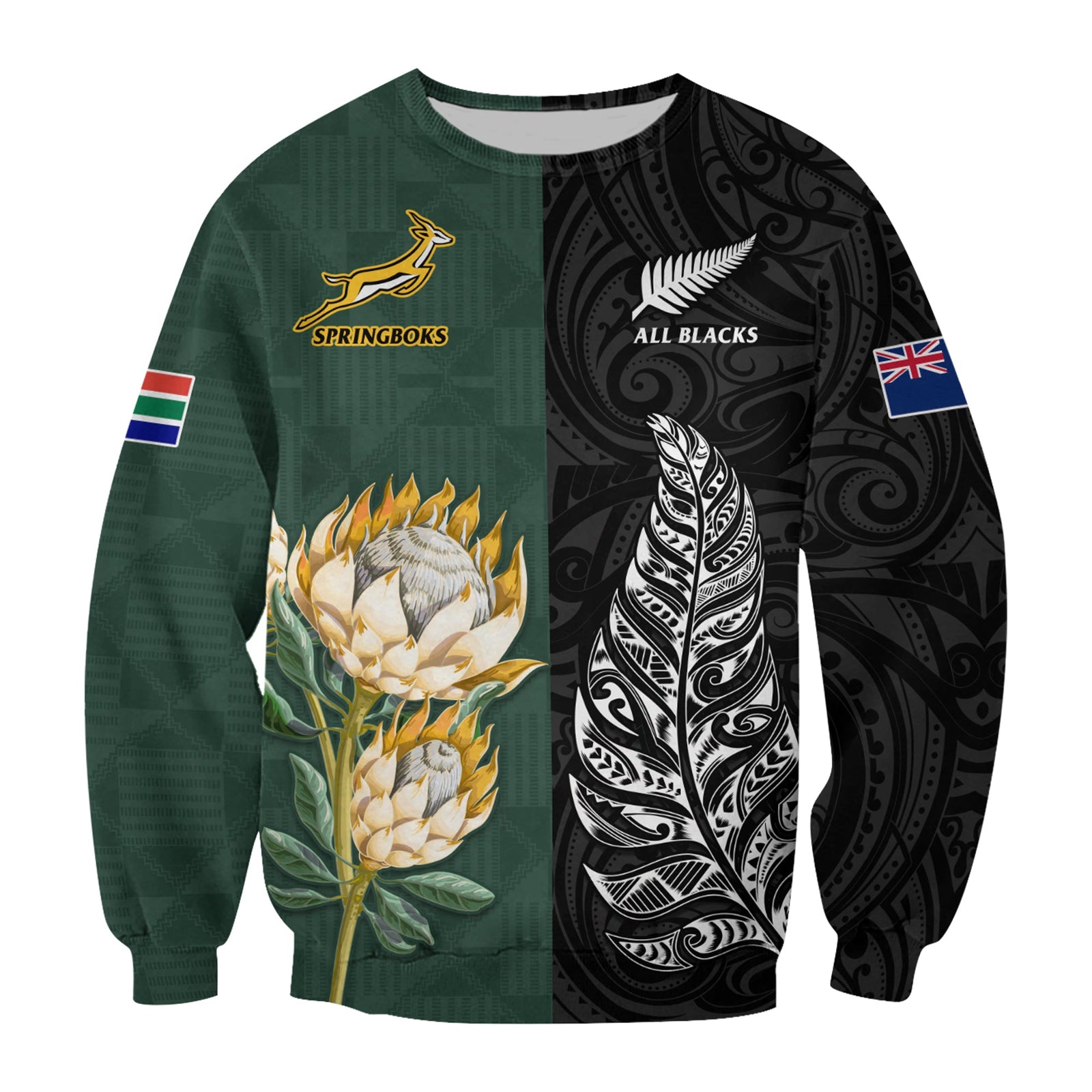 South Africa Protea and New Zealand Fern Sweatshirt Rugby Go Springboks vs All Black LT13 Unisex Art - Polynesian Pride