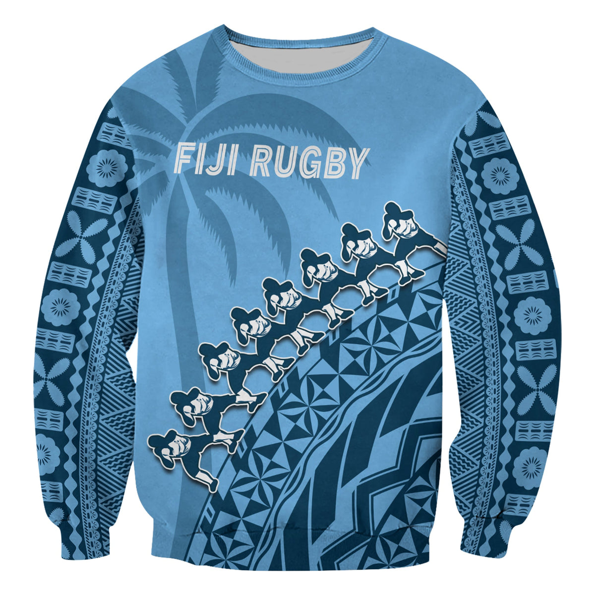 (Custom Text And Number) Fiji Tapa Rugby Sweatshirt Fijian Cibi Dance Tapa Pattern Blue LT14 - Polynesian Pride