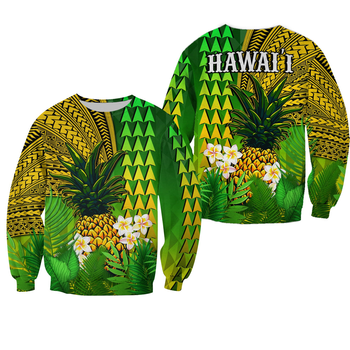 Hawaii Pineapple Sweatshirt Plumeria Frangipani Mix Tribal Pattern LT13 Unisex Green - Polynesian Pride