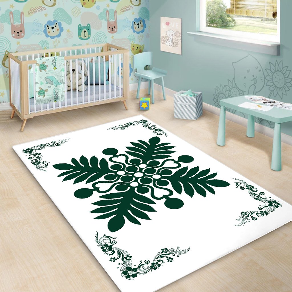 Hawaiian Quilt Maui Plant And Hibiscus Pattern Area Rug - Sacramento White - AH - Polynesian Pride