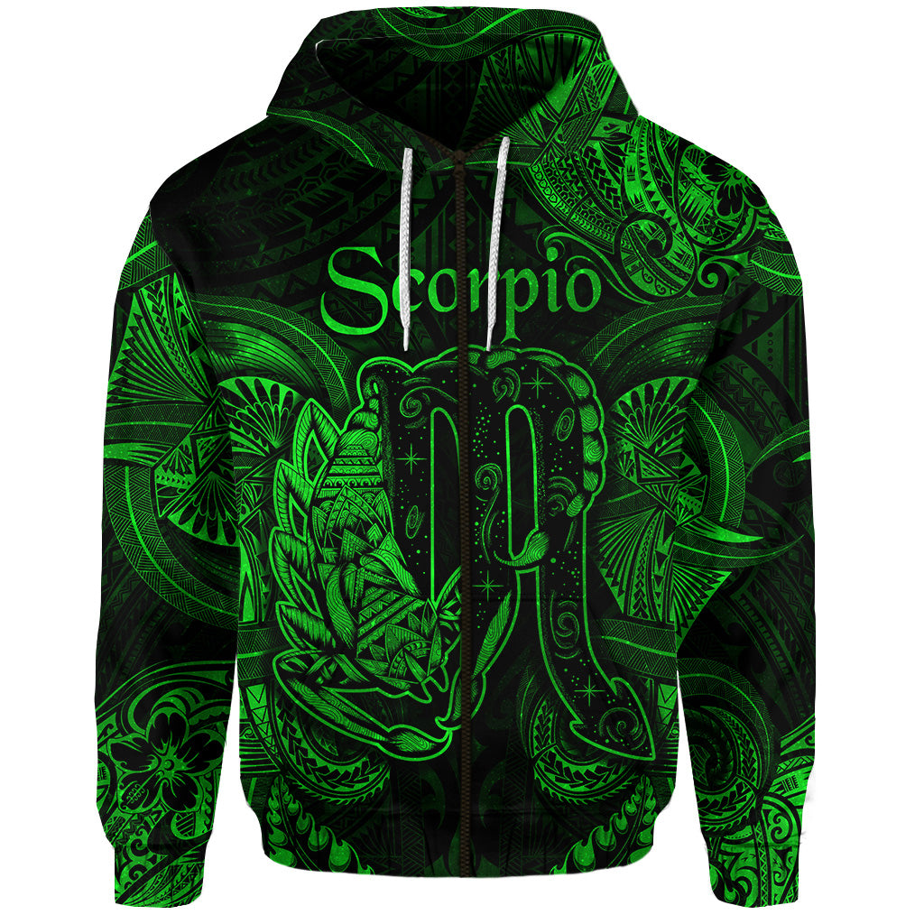 Custom Scorpio Zodiac Polynesian Zip Hoodie Unique Style Green LT8 - Polynesian Pride