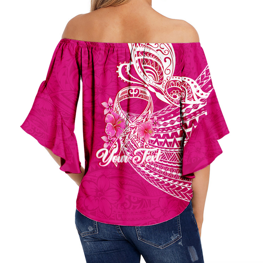 (Custom Personalised) Breast Cancer Pink Ribbon Butterfly Polynesian Pink Version Off Shoulder Waist Wrap Top - LT12 - Polynesian Pride
