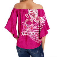 (Custom Personalised) Breast Cancer Pink Ribbon Butterfly Polynesian Pink Version Off Shoulder Waist Wrap Top - LT12 - Polynesian Pride