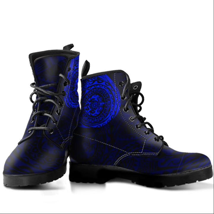 Polynesian Tattoo Style Leather Boots Blue A7 Black - Polynesian Pride