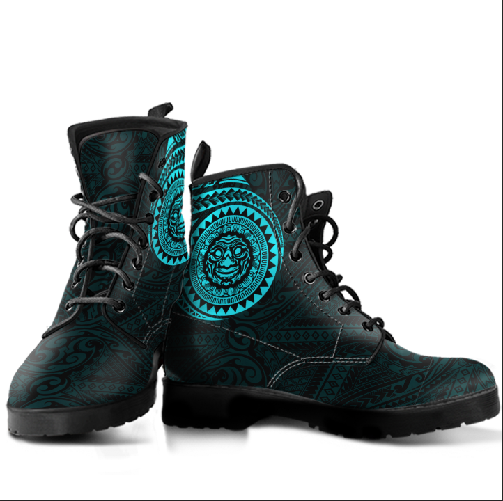 Polynesian Smiling Tiki Leather Boots Blue A7 Blue - Polynesian Pride