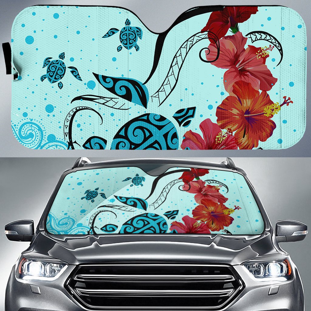 Sea Turtle Hibiscus Car Sun Shade AH Auto Sun Shade Universal Fit White - Polynesian Pride