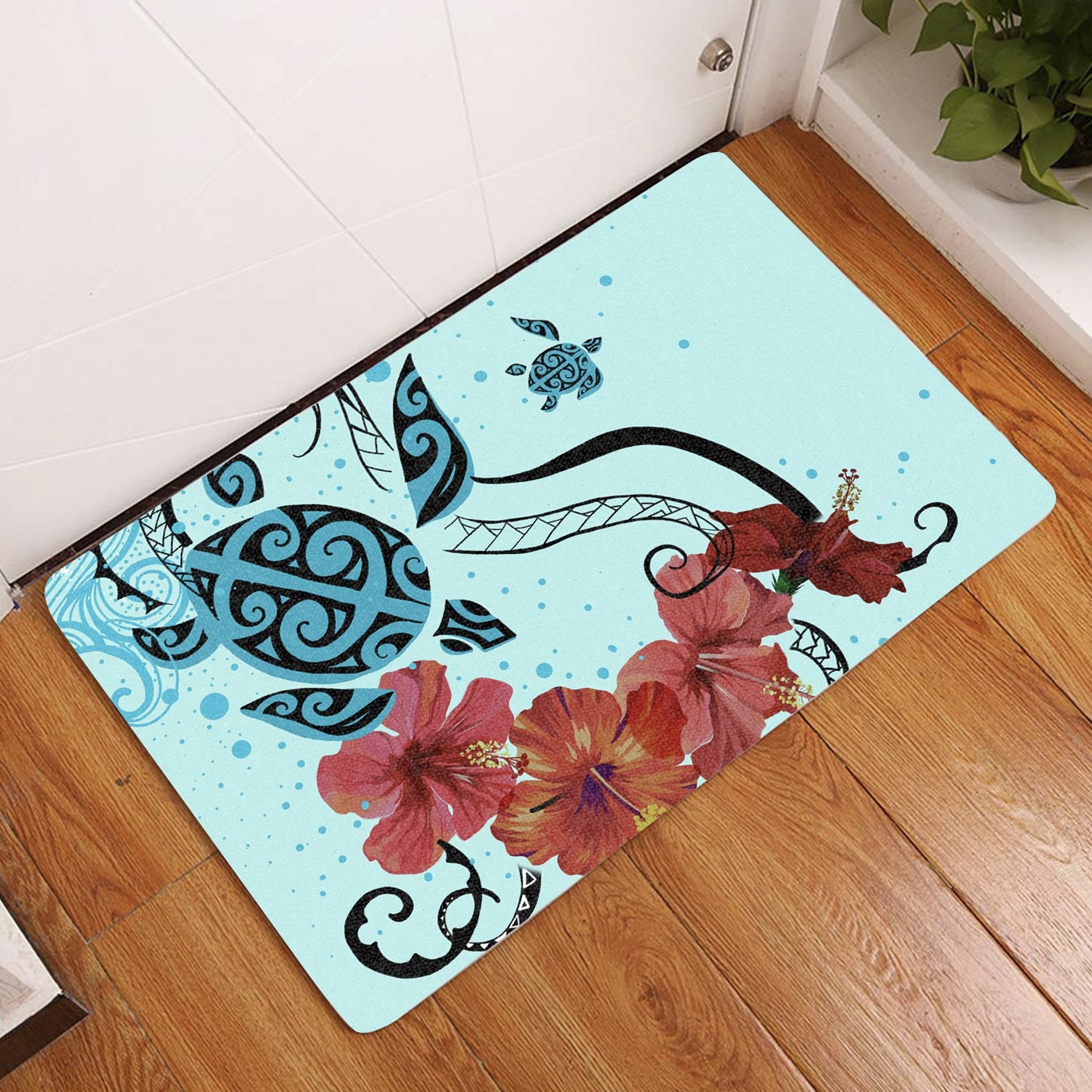 Sea Turtle Hibiscus Door Mat AH Door Mat Black - Polynesian Pride